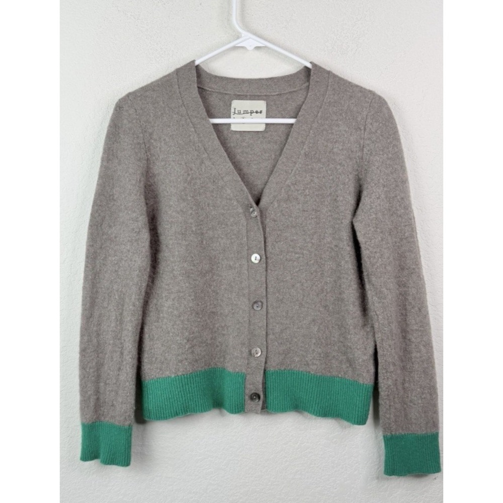 Jumper 1234 100% Cashmere Cardigan Sz 2 Medium Taupe Green Colorblock Preppy